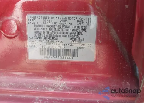 2019 Nissan Versa 1.6 Sv z USA, uszkodzony, nr VIN 3N1CN7AP8KL858361